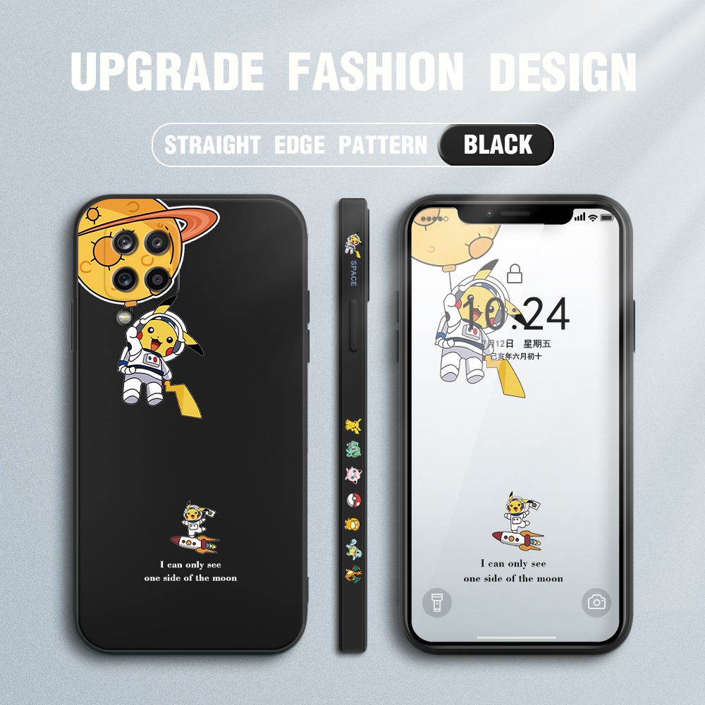 Jizetin for Samsung Galaxy A12 5G / A12 / M12 Case Side Design Phone Cover Cute Astronaut Pikachu Cover Square Edge Pattern Liquid Silicone Trend Case