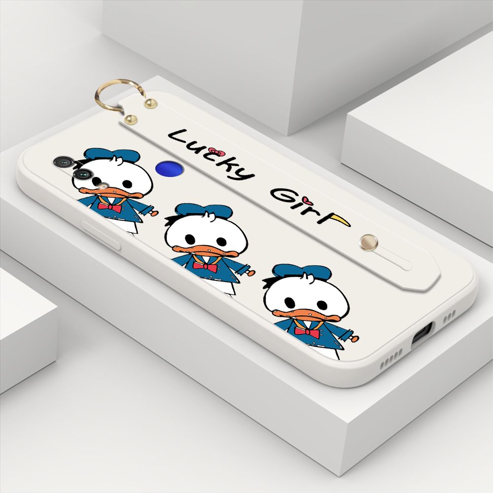 ZeroQiQi for Xiaomi Redmi Note 7 Pro Wrist Strap Case Cute Cartoon Little Duck Phone Case Square Edge Liquid Silicone Case Full Cover Camera Shockproof Protective Cases