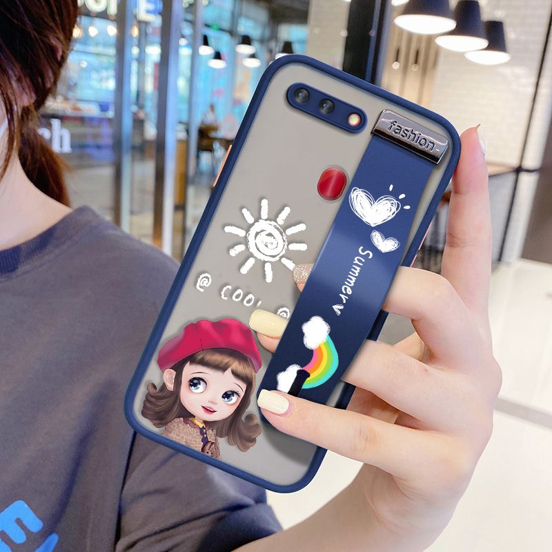 UCUC for OPPO R15 Pro Wrist Strap Case Lovely Cartoon Red Hat Girl Wristband Printing Cover Shockproof Frosted Phone Case