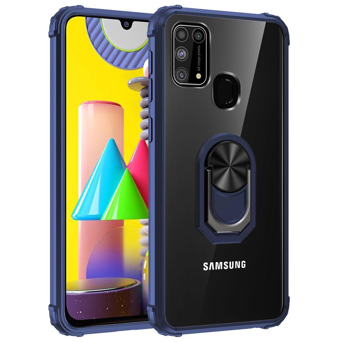 For Samsung Galaxy M31 Case Hybrid Case with Ring Holder Stand Transparent Acrylic Hard Back Gel TPU Bumper Rugged Shockproof Protective Cover