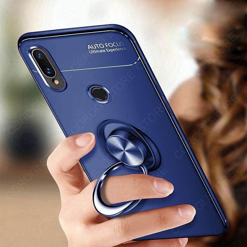 For Huawei Y9 2019 Cover Shockproof Soft TPU Silicone Rubber Phone Case with Metal Finger Ring Stand Holder Magnetic Car Mount Protective Back Cover