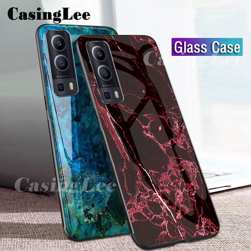 Casinglee For VIVO Y72 5G Case Fashion Marble Tempered Glass Protector Soft Silicon Back cover for VIVO Y72 5G Phone cases For girls and Boys