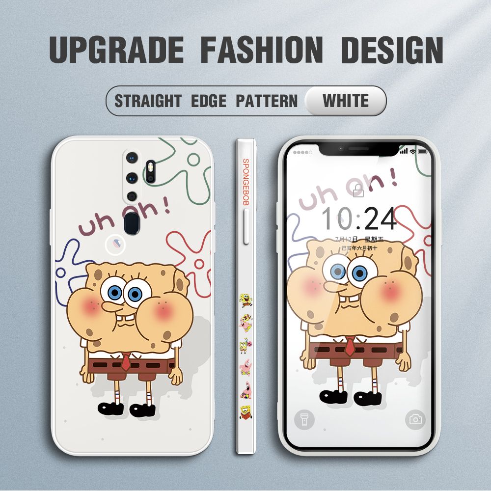 Jizetin for OPPO A9 2020 / A5 2020 Case Side Design Phone Cover New Cartoon SpongeBob SquarePants Cover Square Edge Pattern Liquid Silicone Trend Case