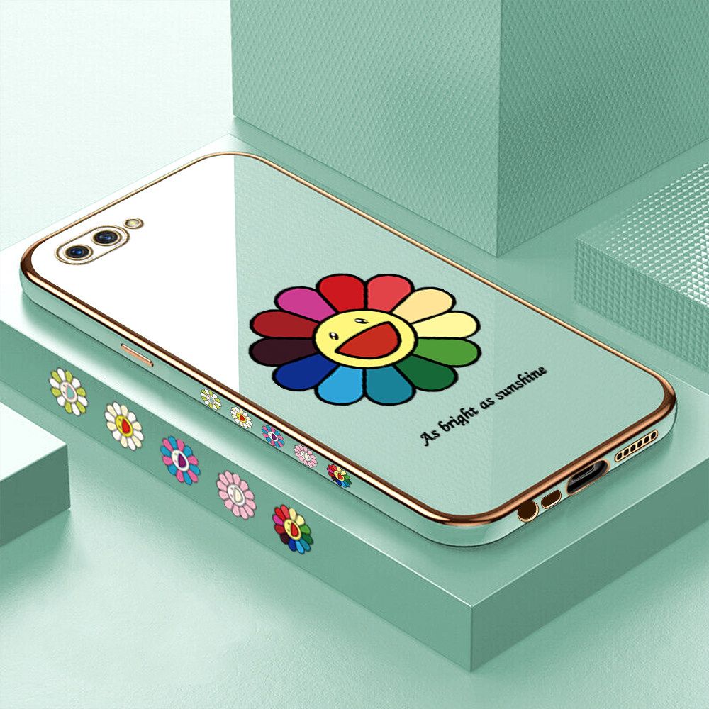 Luxury 6D Plating Case for Realme C1 Colored Sunflower Side Pattern Back Cover Soft Silicone Square Frame Shiny Bling Phone Cases + Free Lanyard