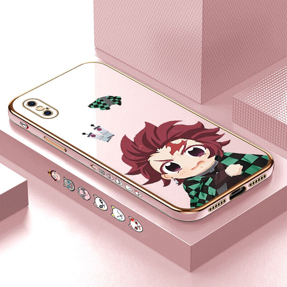 Luxury 6D Plating Case for iPhone X Cartoon Anime Tanjirou Side Pattern Back Cover Soft Silicone Square Frame Shiny Bling Phone Cases + Free Lanyard