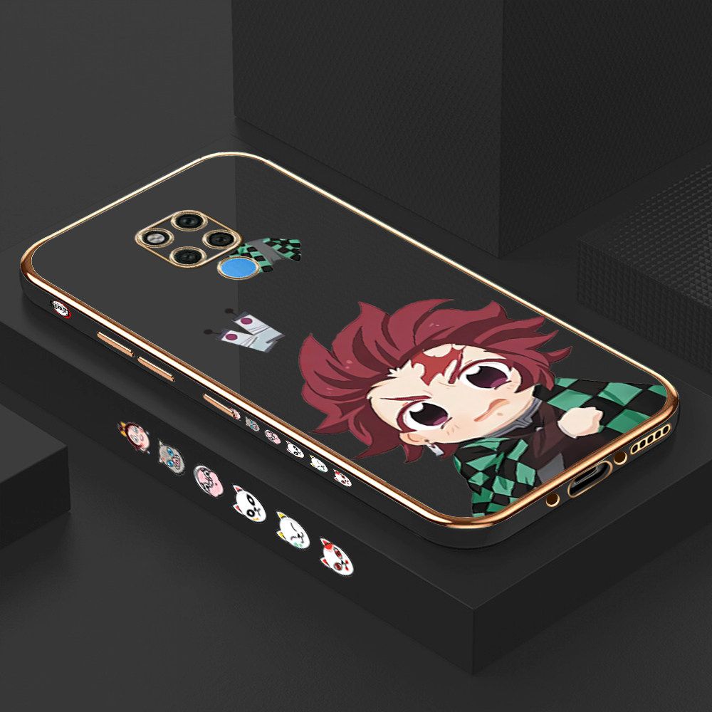 Luxury 6D Plating Case for Huawei Mate 20 X Cartoon Anime Tanjirou Side Pattern Back Cover Soft Silicone Square Frame Shiny Bling Phone Cases + Free Lanyard