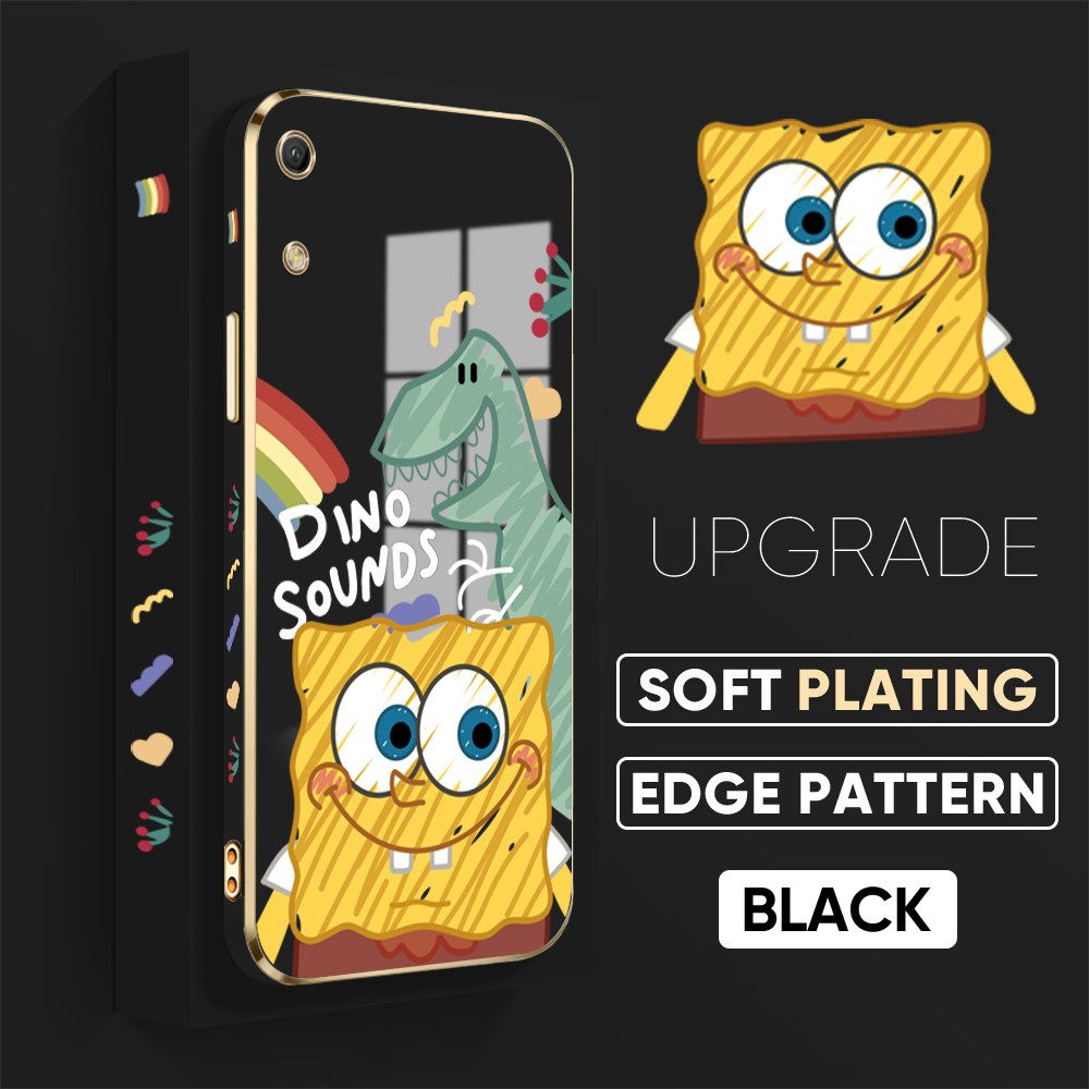 TA for Honor Y6 Pro 2019 / 8A Back Cover + Free Lanyard Sponge Dinosaur Luxury 6D Plating Case Side Pattern Soft Silicone Square Phone Cases