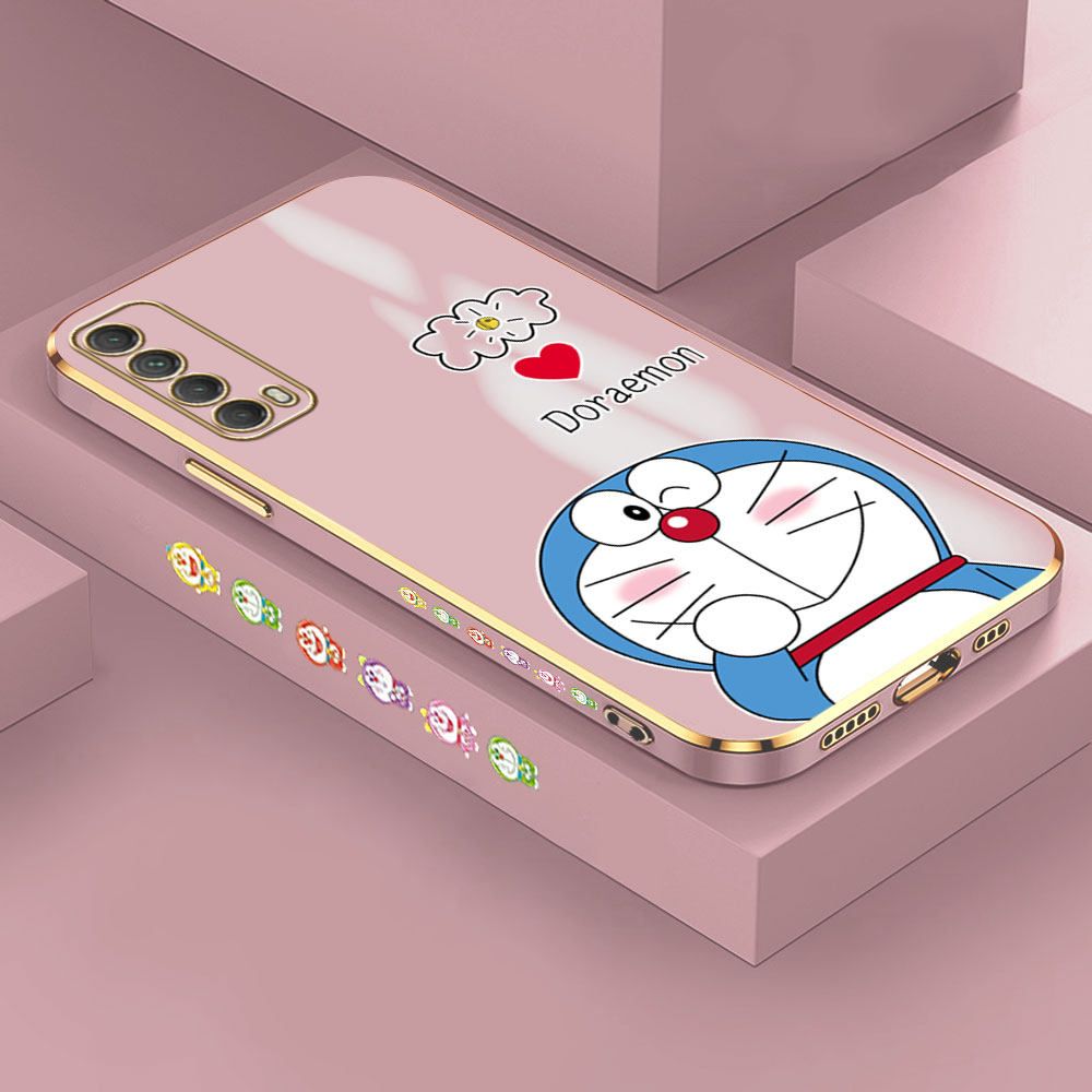 Hontinga for Huawei Y7A Back Cover + Free Lanyard Luxury 6D Plating Grinning Cartoon Cat Side Pattern Case Soft Silicone Square Mobile Cover