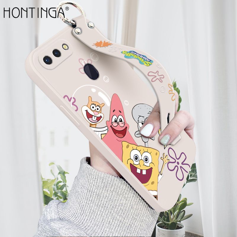 Hontinga for OPPO R15 Pro Wrist Strap Case Cute Cute Funny Cartoon Sponge for Square Pants Cover Square Edge Liquid Silicone Anti-drop Phone Case