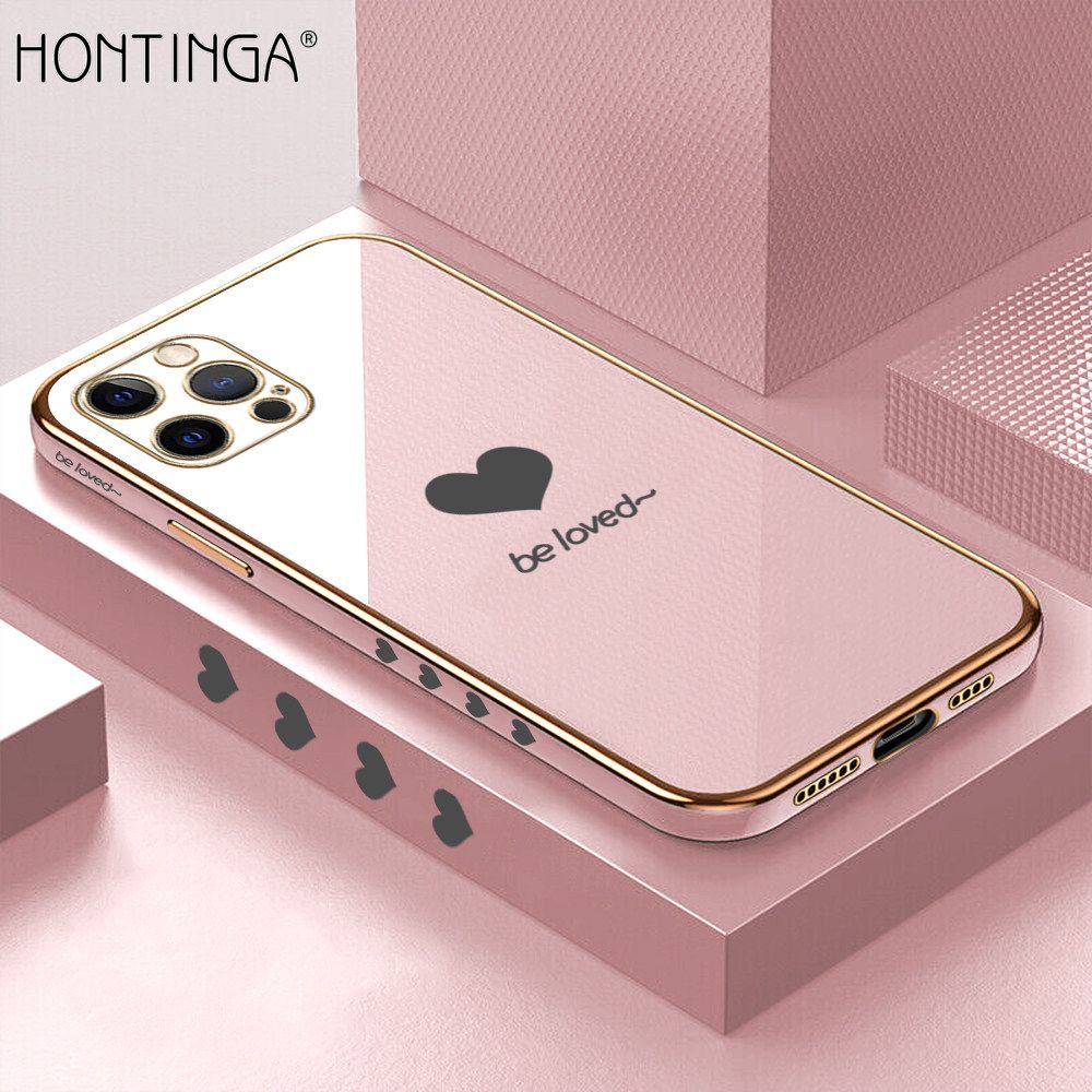 Hontinga for iPhone 12 Pro Max Back Cover + Free Lanyard Luxury 6D Plating Lover Heart Side Pattern Case Soft Silicone Square Mobile Cover