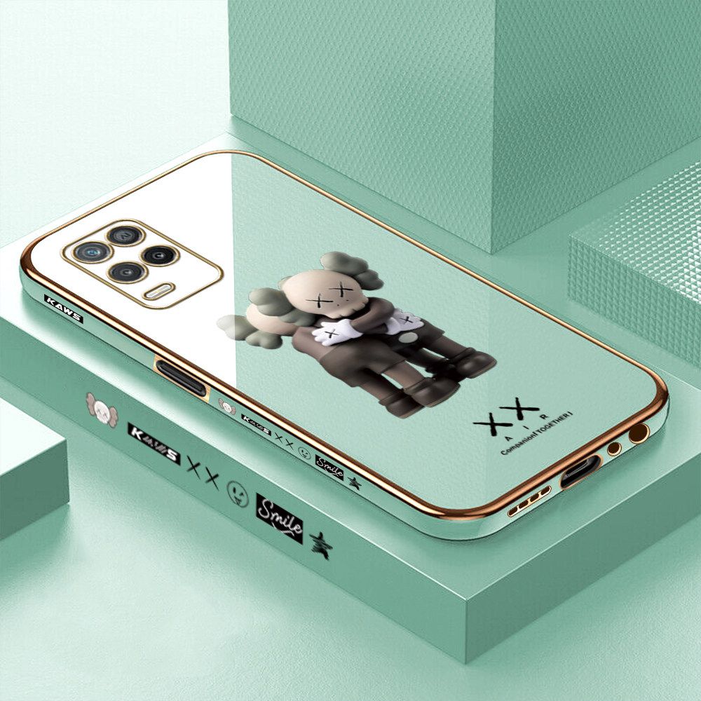 Luxury 6D Plating Case for Realme 8 5G Embrace Cartoon Bear Side Pattern Back Cover Soft Silicone Square Frame Shiny Bling Phone Cases + Free Lanyard