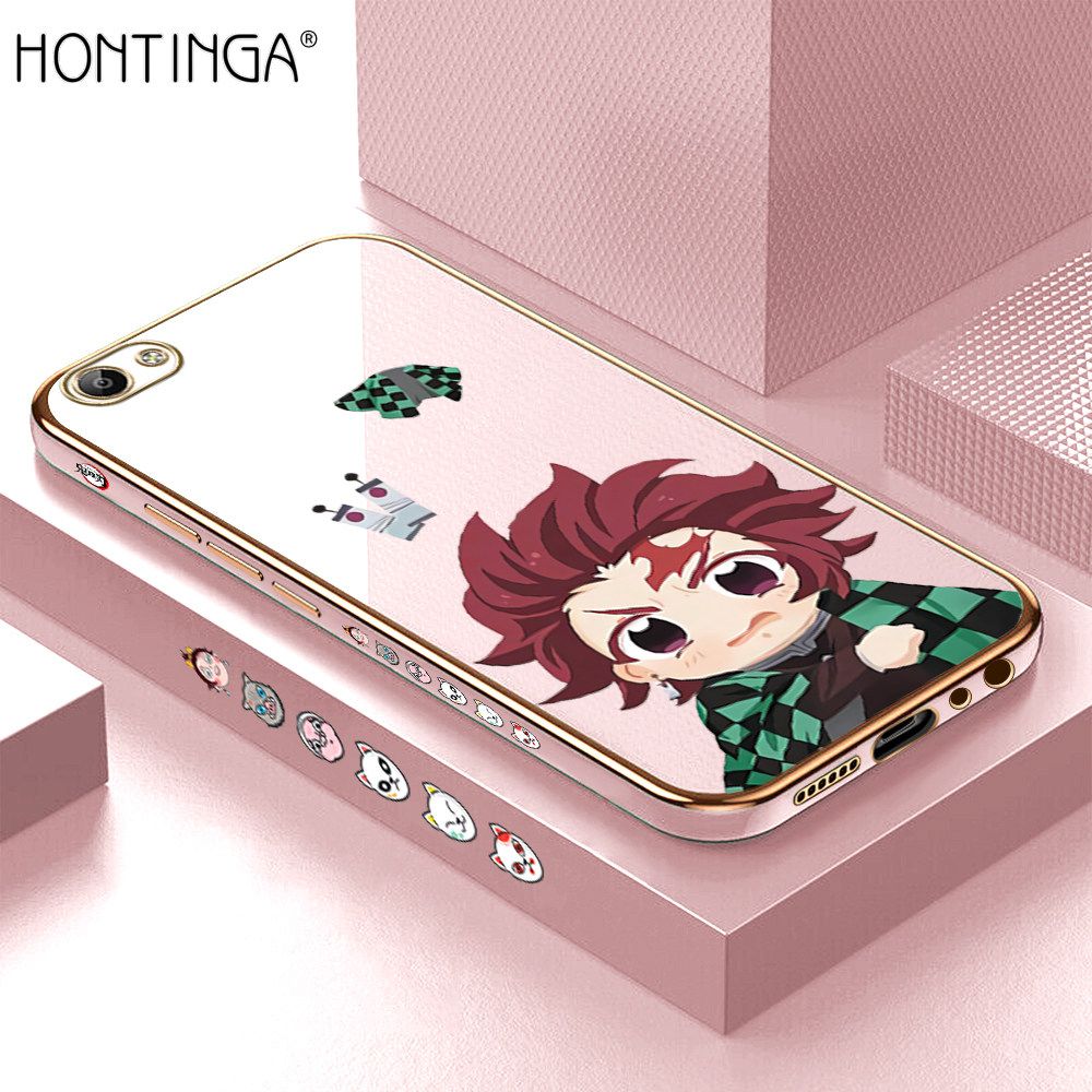 Hontinga for Vivo V5 / V5S / V5 Lite Back Cover + Free Lanyard Luxury 6D Plating Cartoon Anime Tanjirou Side Pattern Case Soft Silicone Square Mobile Cover