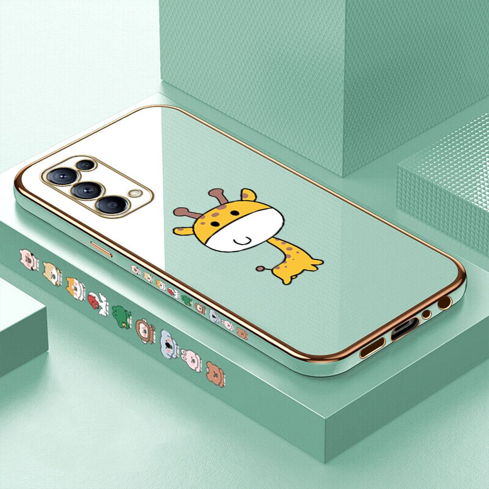 Luxury 6D Plating Case for OPPO Reno5 Color Cute Giraffe Side Pattern Back Cover Soft Silicone Square Frame Shiny Bling Phone Cases + Free Lanyard
