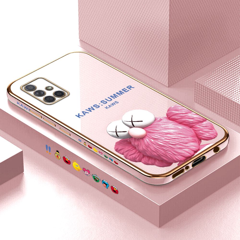 Luxury 6D Plating Case for Samsung A71 Pink Doll Side Pattern Back Cover Soft Silicone Square Phone Cases + Free Lanyard
