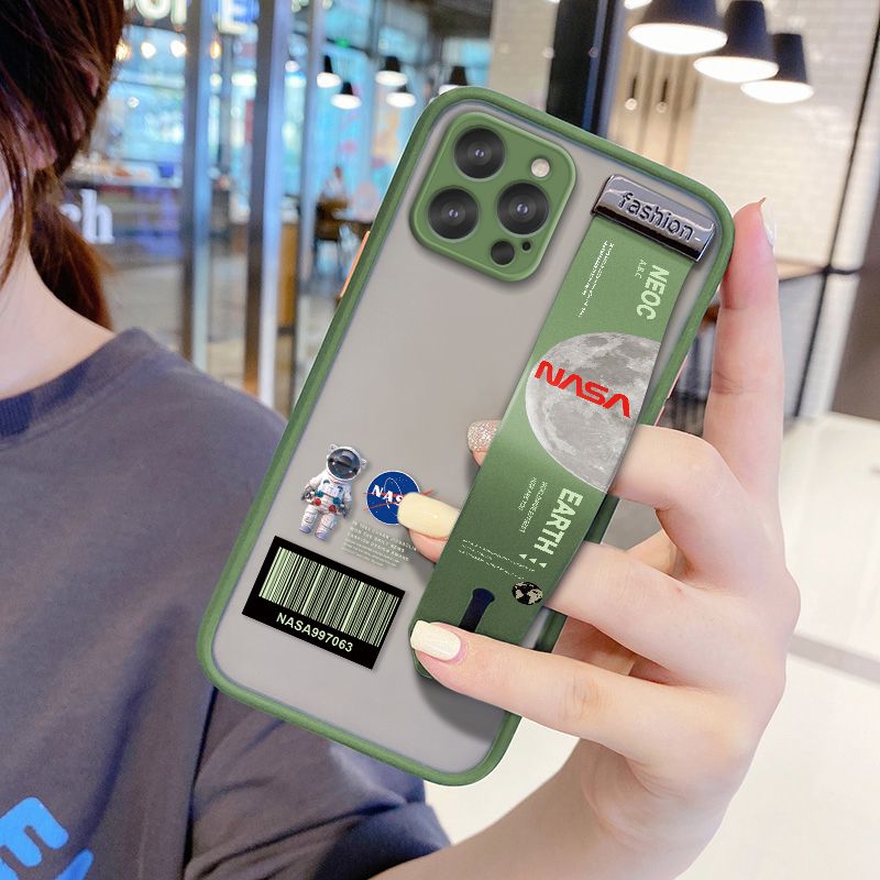 UCUC for iPhone 12 Pro Wrist Strap Case Creative Cartoon Astronaut Wristband Printing Cover Shockproof Frosted Phone Case
