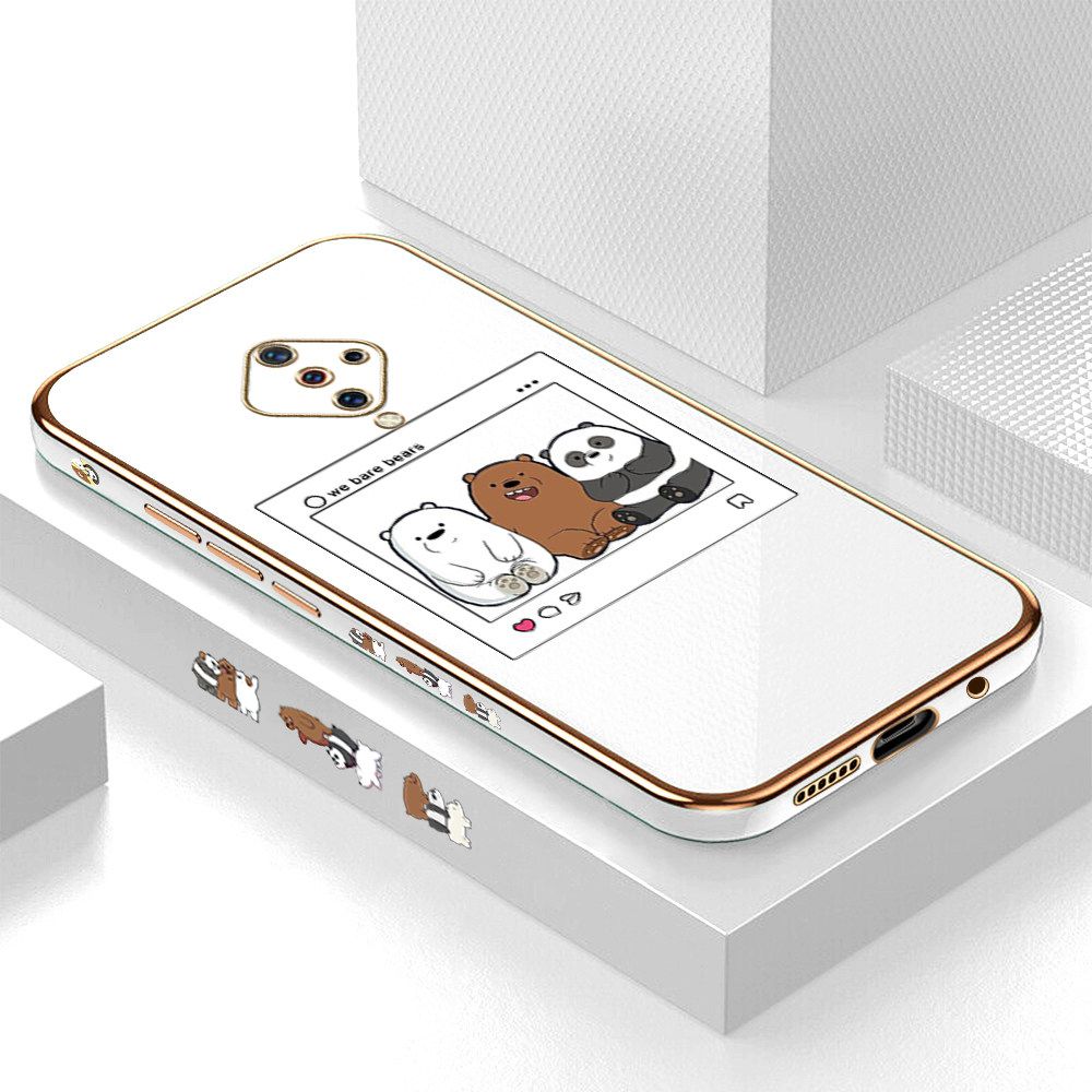 Luxury 6D Plating Case for Vivo S1 Pro Cute Cartoon Anime Bears Side Pattern Back Cover Soft Silicone Square Frame Shiny Bling Phone Cases + Free Lanyard