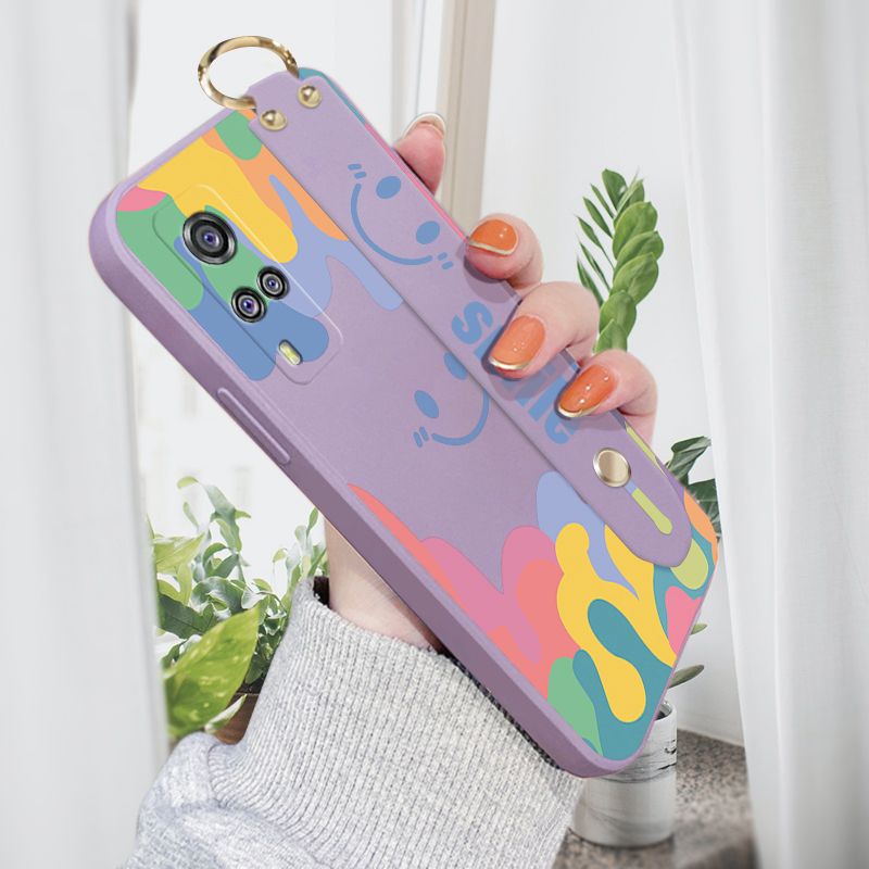 ZeroQiQi for Vivo Y53S 4G Wrist Strap Case Soft Candy Color Splash Ink Cover Trend Square Printed Pattern Liquid Silicone Phone Case