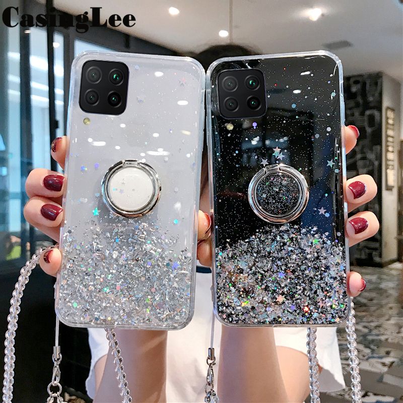 Casinglee for Samsung Galaxy M62 case Shiny Ring Glitter Soft Transparent Holder Stand Back cover with String for Samsung M62 Phone cases cover Stars Moon Girls