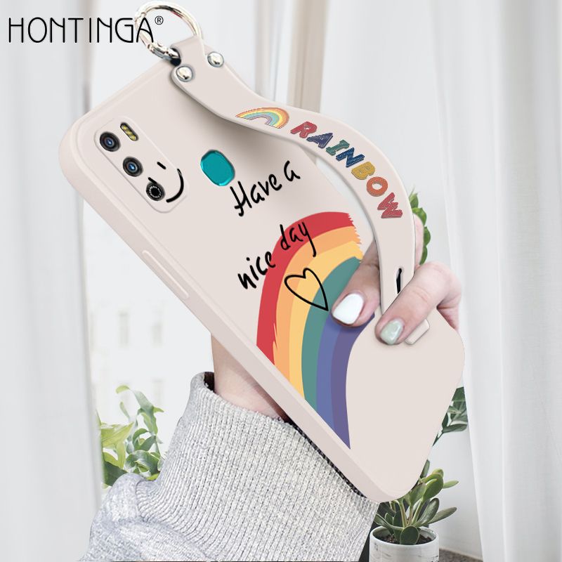 Hontinga for Infinix Hot 9 Play Wrist Strap Case Lovely Graffiti Rainbow Smile Thin Phone Cover Square Edge Liquid Silicone Creativity Phone Case