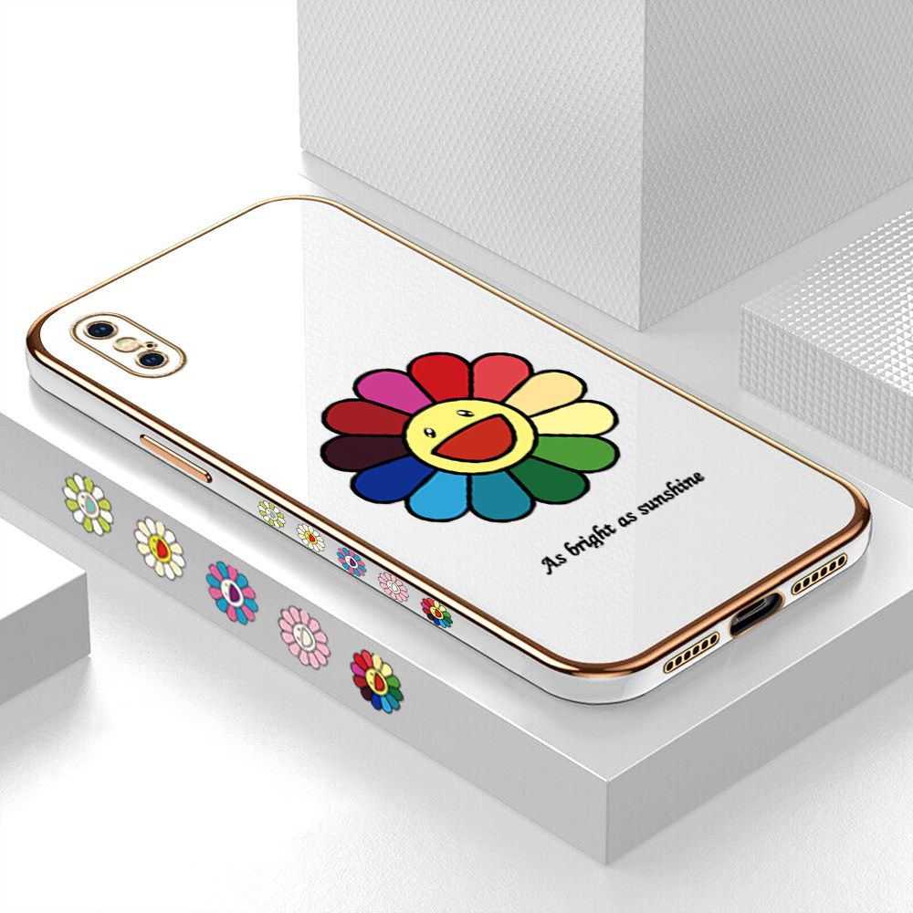 Luxury 6D Plating Case for iPhone XS Colored Sunflower Side Pattern Back Cover Soft Silicone Square Frame Shiny Bling Phone Cases + Free Lanyard