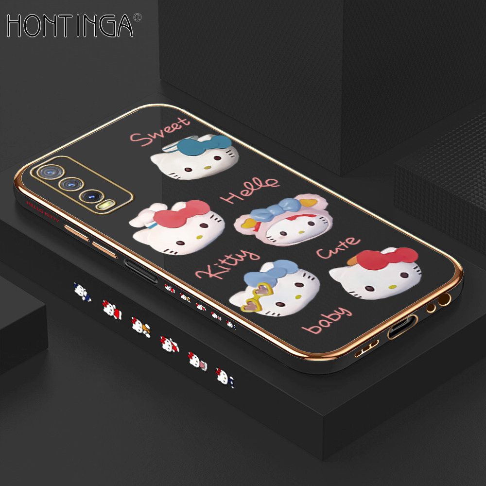 Hontinga for Vivo Y20 2021 Y20i Y20S Y12S Y20S G Y12A Back Cover + Free Lanyard Luxury 6D Plating Cartoon Cute Kitty Side Pattern Case Soft Silicone Square Phone Cases