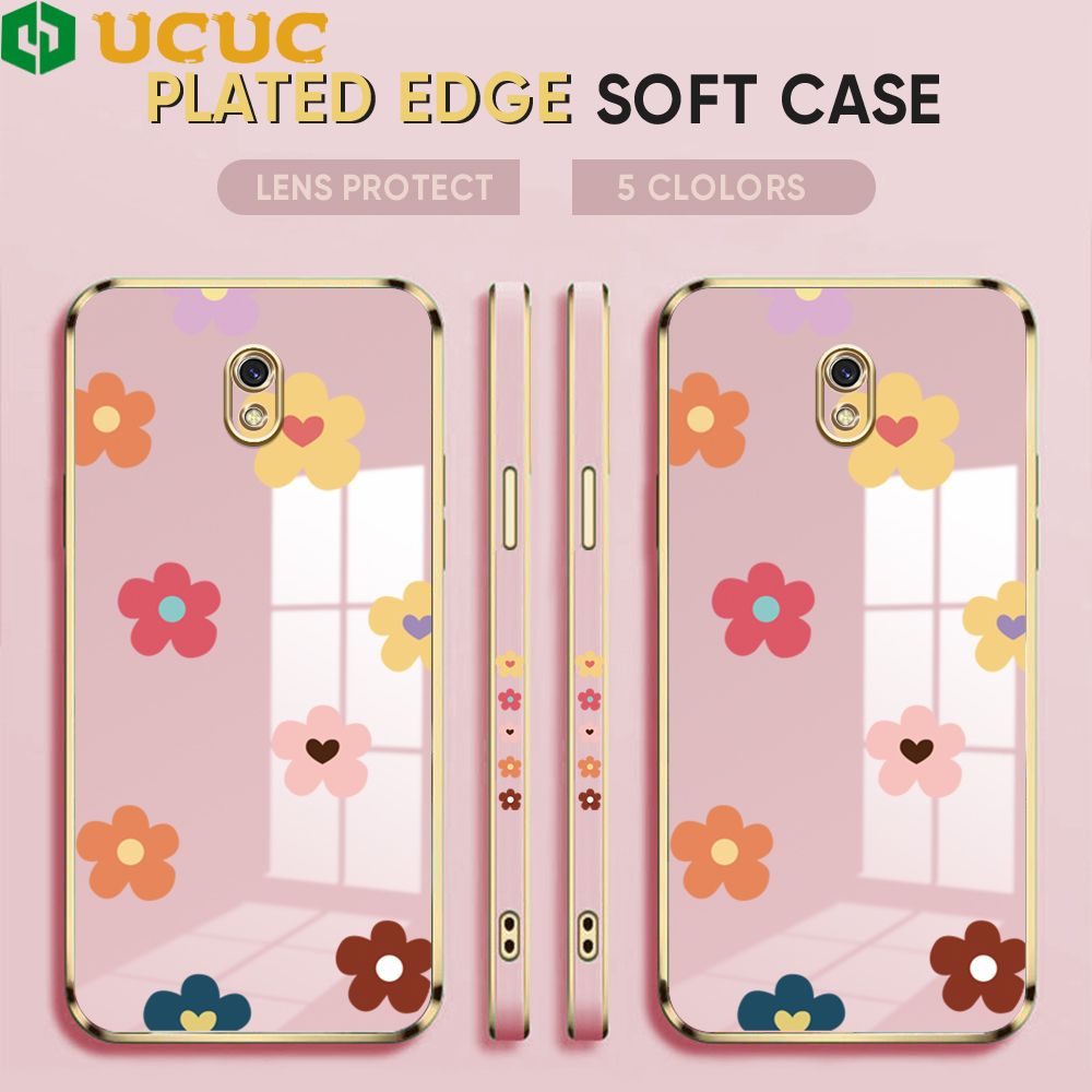 UCUC for Redmi 8A Back Cover + Free Lanyard INS Style Flower Luxury 6D Plating Case Side Pattern Soft Silicone Square Phone Cases