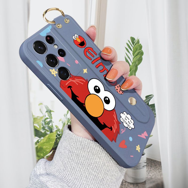 Jizetin for Samsung Galaxy S21 Ultra 5G Wrist Strap Case Creative Cartoon Red Haired Monster Cover Ultra Thin Anti Fall Liquid Silicone Phone Case