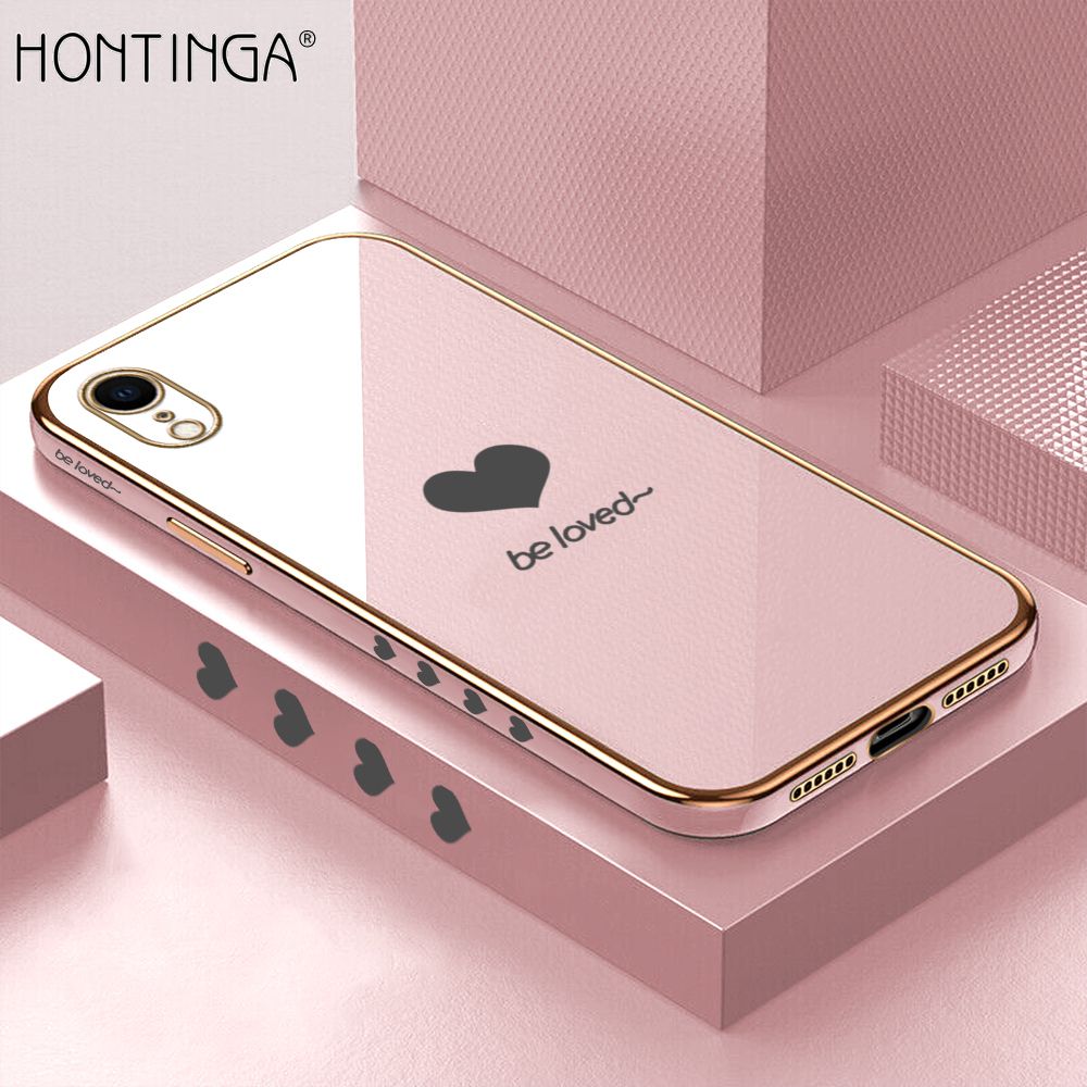 Hontinga for iPhone XR Back Cover + Free Lanyard Luxury 6D Plating Lover Heart Side Pattern Case Soft Silicone Square Mobile Cover