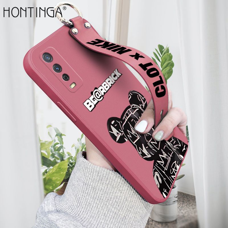 Hontinga for Vivo Y20i Wrist Strap Case Fashion Black Brand Bear Phone Case Square Edge Liquid Silicone Cases Full Cover Camera Shockproof Protection Cases