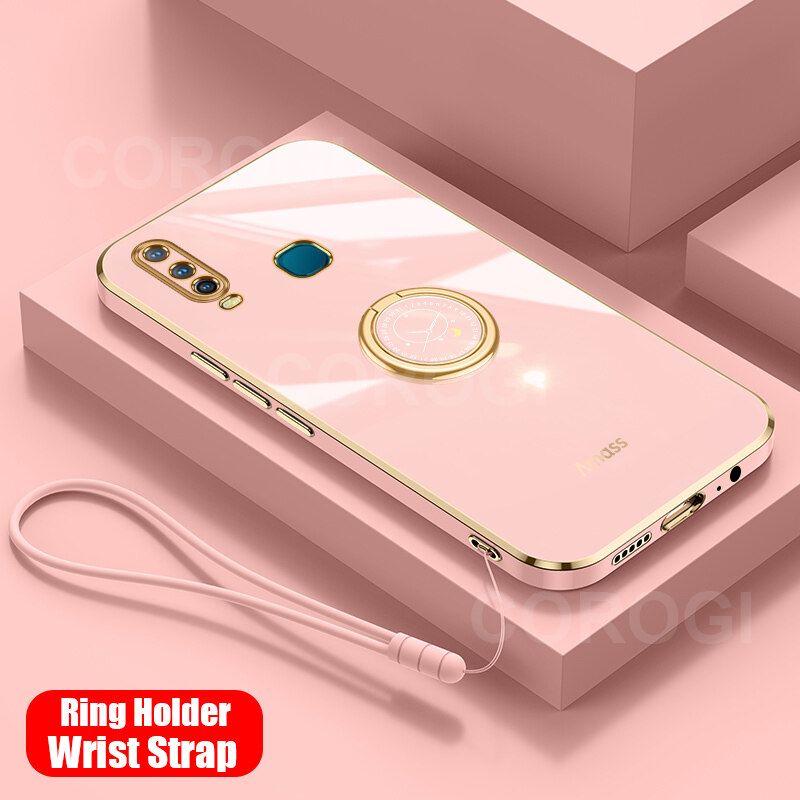 For Vivo Y17 Back Cover with Ring Holder Stand + Wrist Strap Shiny Plating Square Bumper Protective Case Soft Silicone Shockproof Mobile Phone Cases