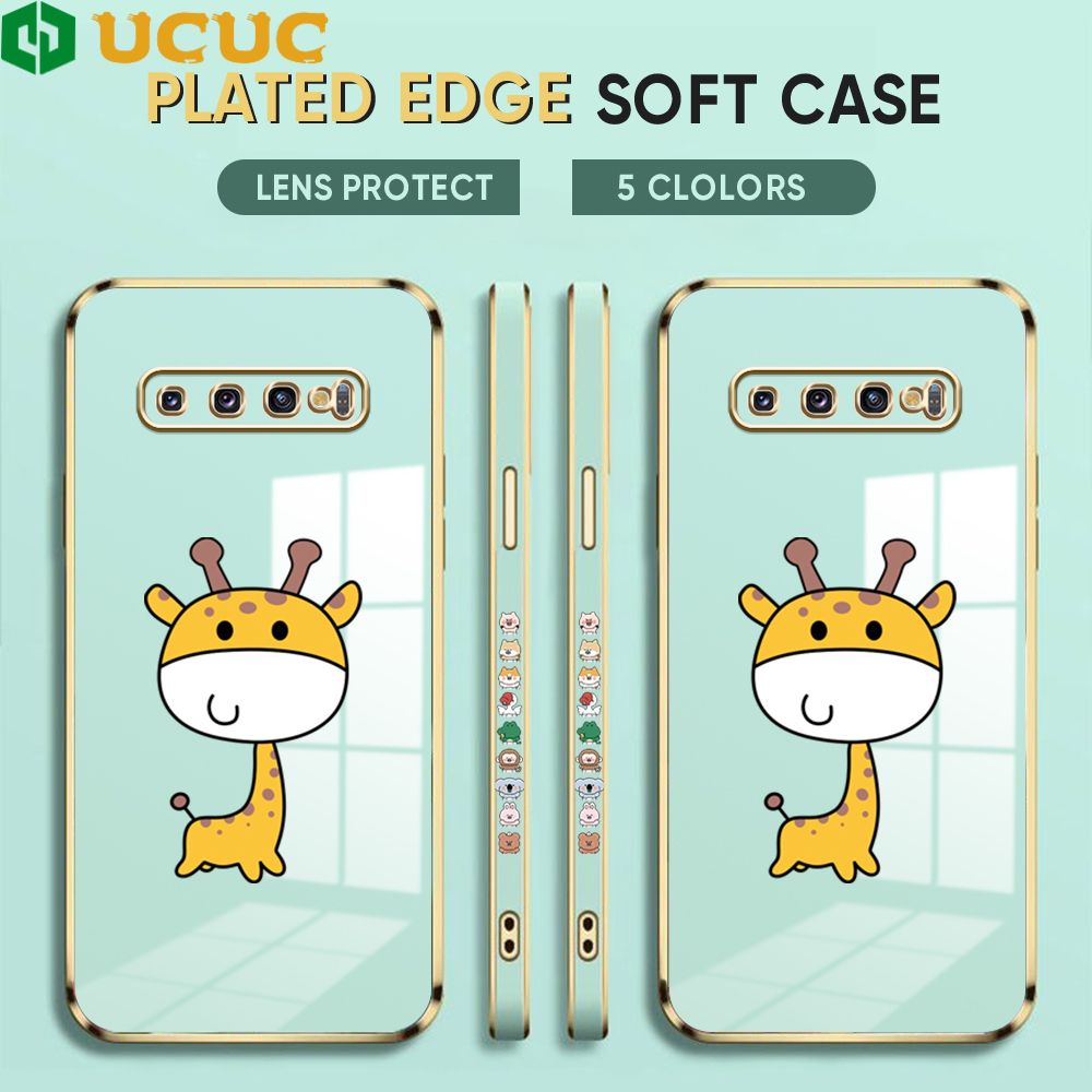 UCUC for Samsung Galaxy S10 Plus Back Cover + Free Lanyard Big Head Giraffe Luxury 6D Plating Case Side Pattern Soft Silicone Square Phone Cases