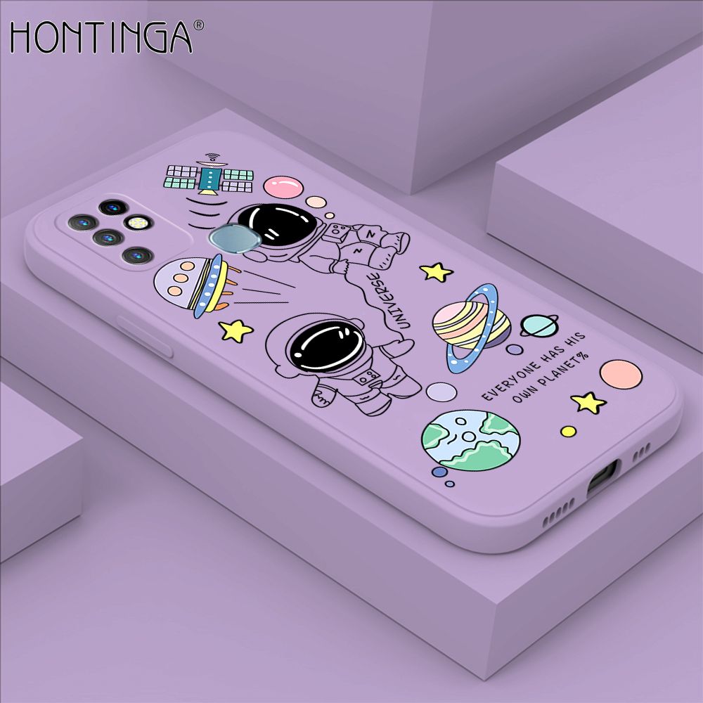 Hontinga for Infinix Hot 10 Case Fashion Earth Planet Astronaut Phone Case Soft Square Edge Silicone Cases Full Lens Cover Shockproof Protection Cover