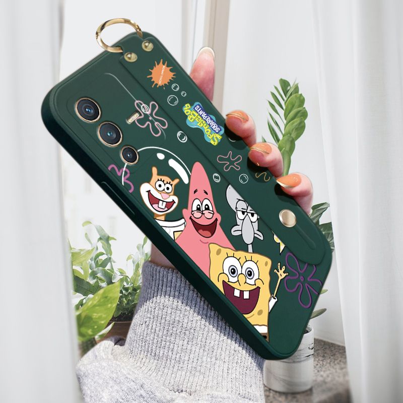 Jizetin for Vivo V23 5G Back Cover Cute Funny SpongeBob Wrist Strap Phone Case Candy Color shock proof Protective Phone Cases