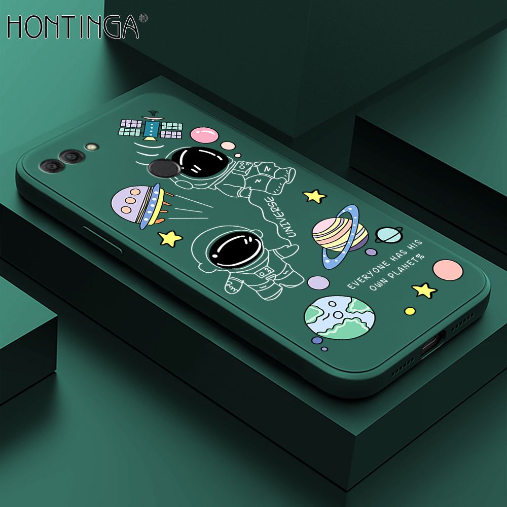 Hontinga for Huawei Y9 2018 Back Cover Earth Planet Astronaut Cases Square Edge Liquid Silicone Phone Case