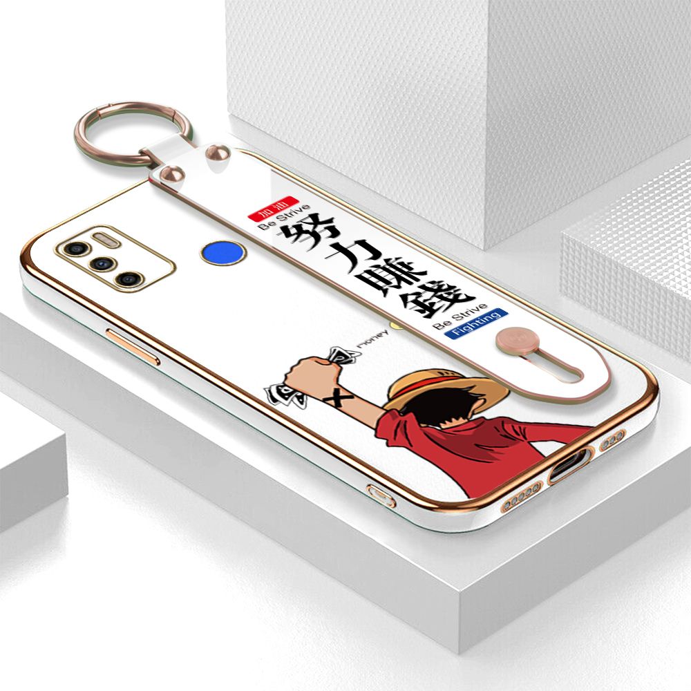 TA for Tecno Spark 6 Air / Spark 5 Air Wrist Strap Back Cover Struggle Luffy Fashion Luxury 6D Plating Soft Casing Silicone Square Frame Phone Case