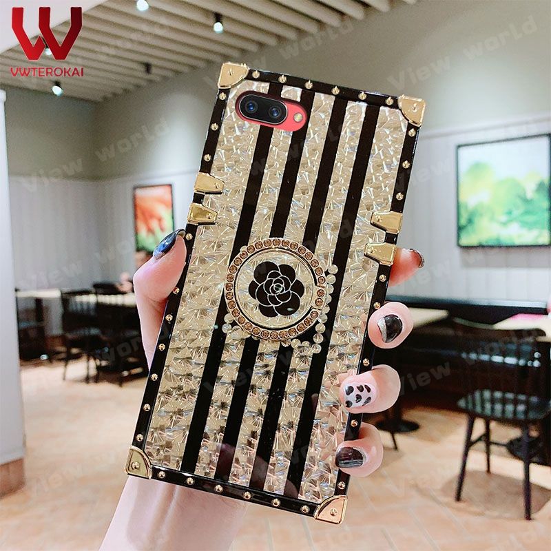 For OPPO A3S/A12E A59/F1S A7/A5S/A12 A9 /A5  A79/A73 A83 / F5 A74 4G/F19 4G Fashion Luxury Style Retro PU Leather Phone Case with Rivet Glitter Ring Stand Holder Square Frame Back Cover