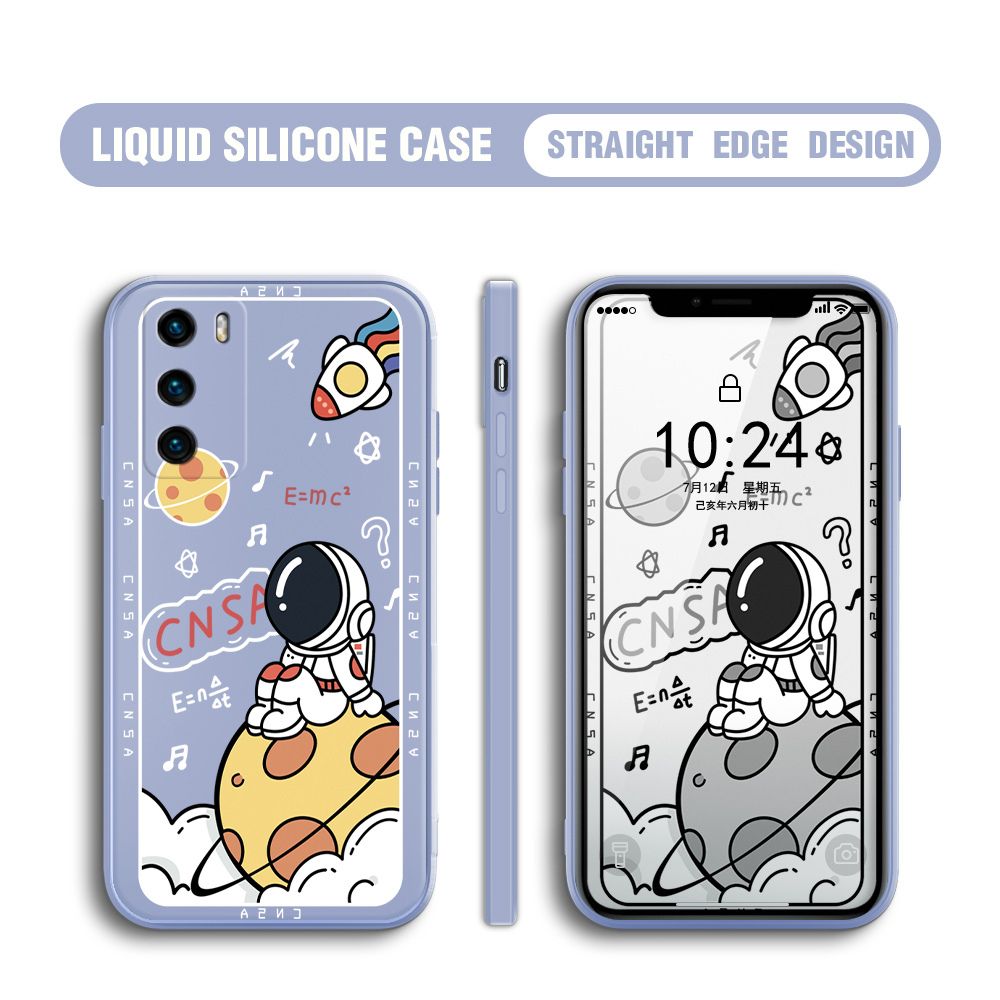 BILI for Huawei P40 Back Cover Little Astronaut Sit In Planet Multicolor Liquid Silicone Phone Case Soft Square Lens Protection Phone Cases