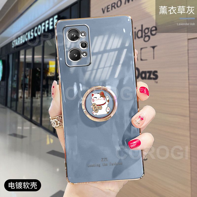 For Realme GT Neo2 Cover + Ring Holder Stand Shiny Plating Square Bumper Phone Case Lens Protection Soft Silicone Shockproof Protective Back Cover