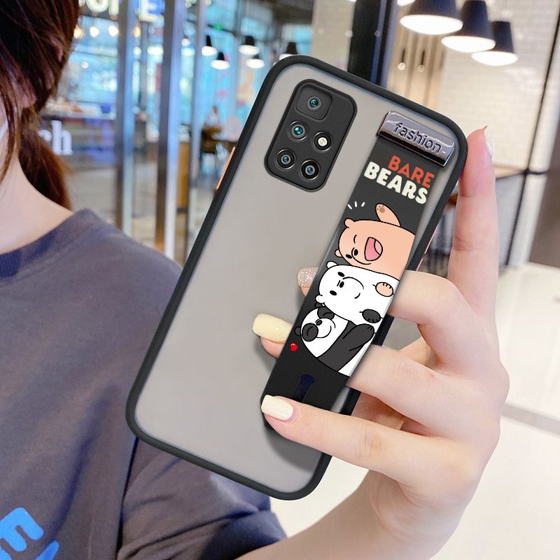 UCUC for Xiaomi Redmi 10 Wrist Strap Case Cute Cartoon Three Little Bears Wristband Printing Cover Shockproof Frosted Phone Case