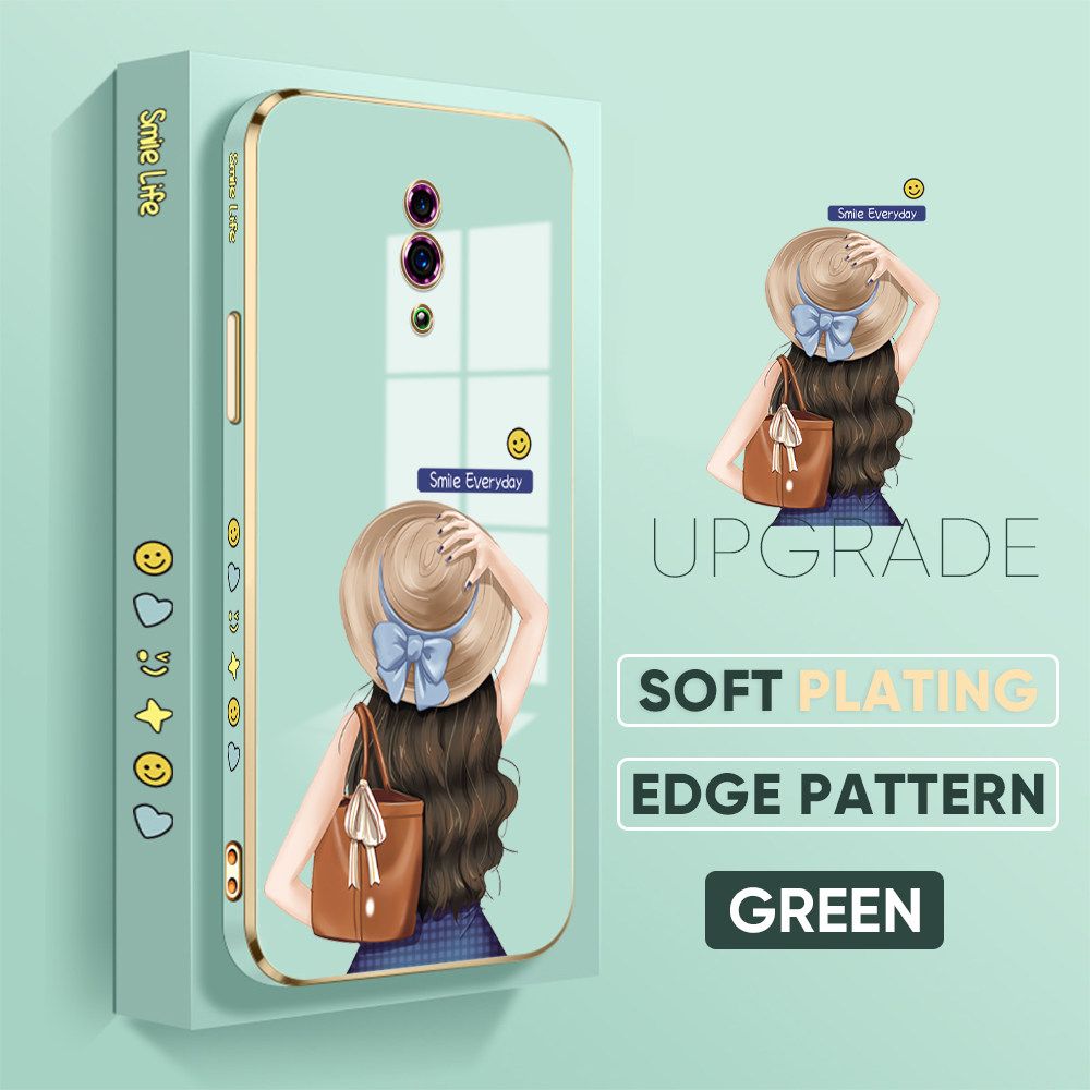 Jizetin (Free Lanyard) OPPO Reno Back Cover Girl In Hat Luxury 6D Plating Case Side Pattern Soft Silicone Square Mobile Phone Cases