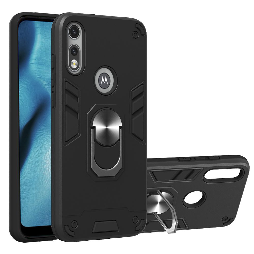 For Motorola Moto E7 Double-layer Warframe Series with 360 Degree Rotating Ring Ruggedized Shock Protective Case