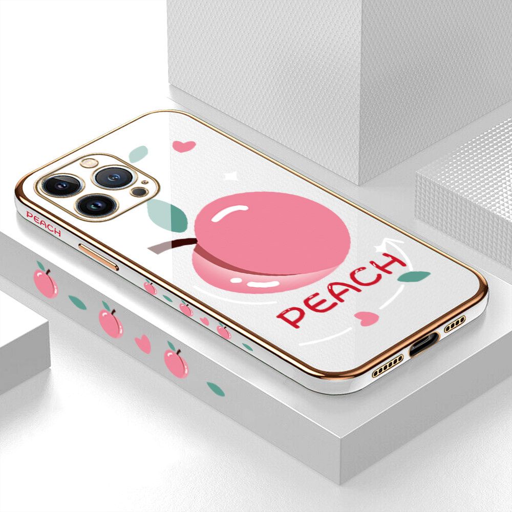 Luxury 6D Plating Case for iPhone 13 Pro Max Cartoon Simple Peach Side Pattern Back Cover Soft Silicone Square Frame Shiny Bling Phone Cases + Free Lanyard