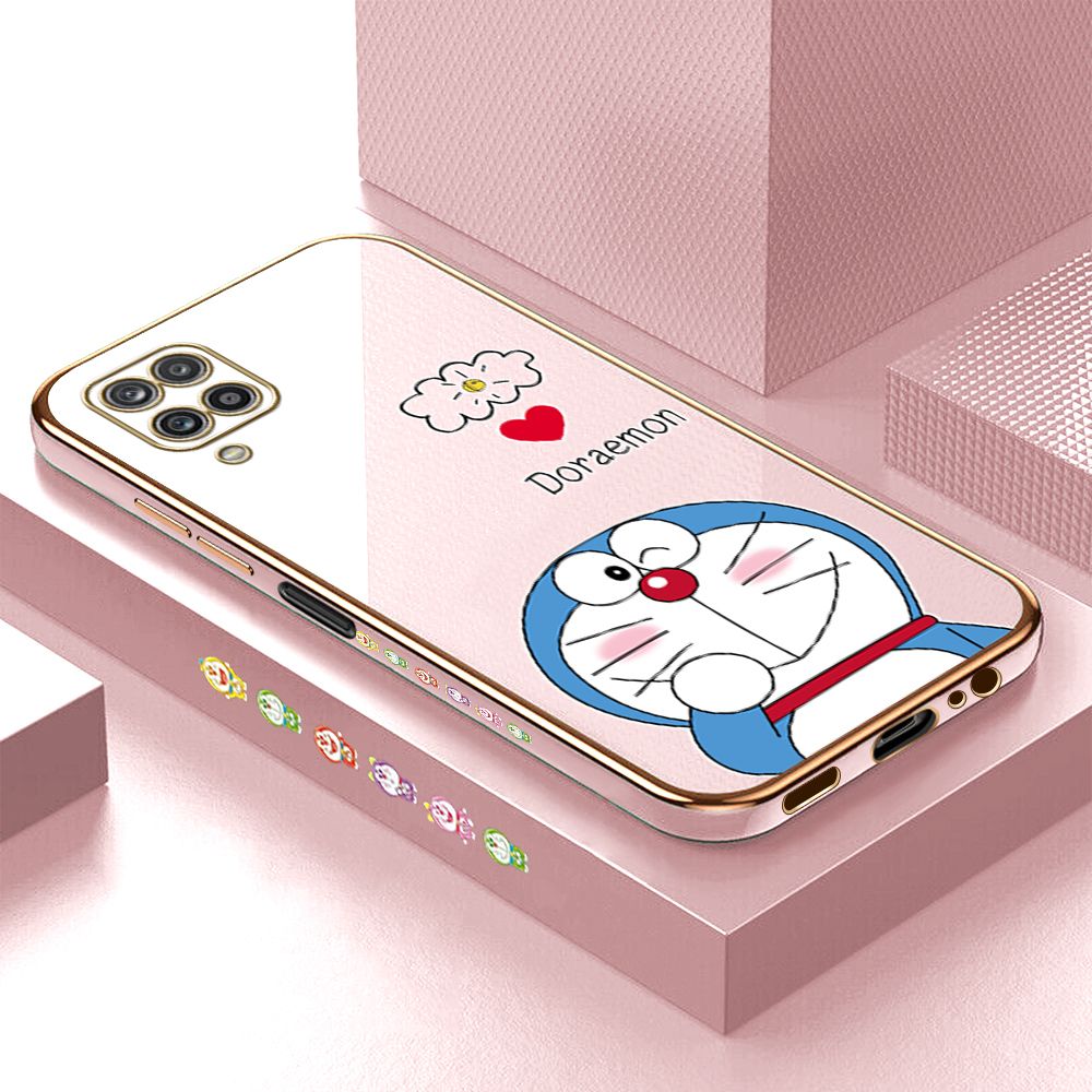 Luxury 6D Plating Case for Samsung M12 A12 4G/5G Cartoon Giggle Meow Side Pattern Back Cover Soft Silicone Square Phone Cases + Free Lanyard