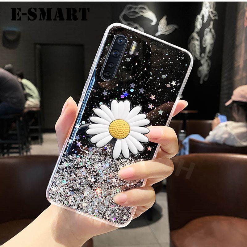 Phone Case OPPO F15 Transparent Bling Glitter Cases Soft Clear Shining Sequin Back Cover with Daisy Flowers Folding OPPO F15 Case