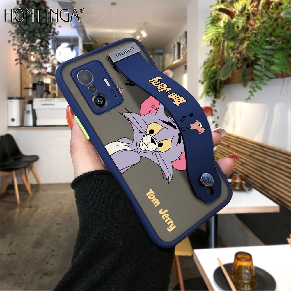 Hontinga for Xiaomi 11T / 11T Pro Back Cover With Wristband Popular Cartoon Pattern Phone Casee Full Lens Protection Thin Frosted Cases