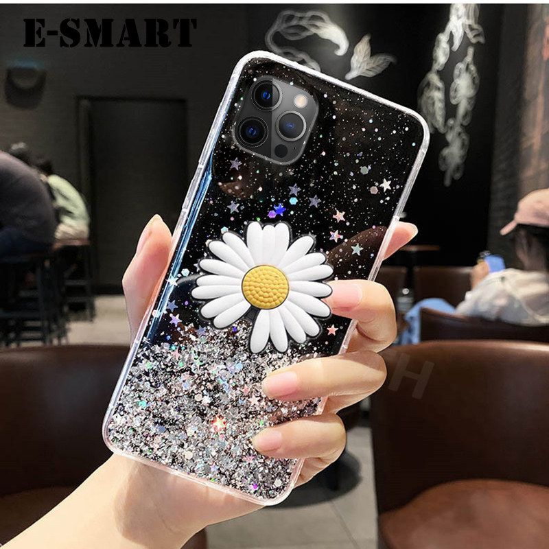 Phone Case iphone 11 Pro Transparent Bling Glitter Cases Soft Clear Shining Sequin Back Cover with Daisy Flowers Folding iphone11 Pro Case