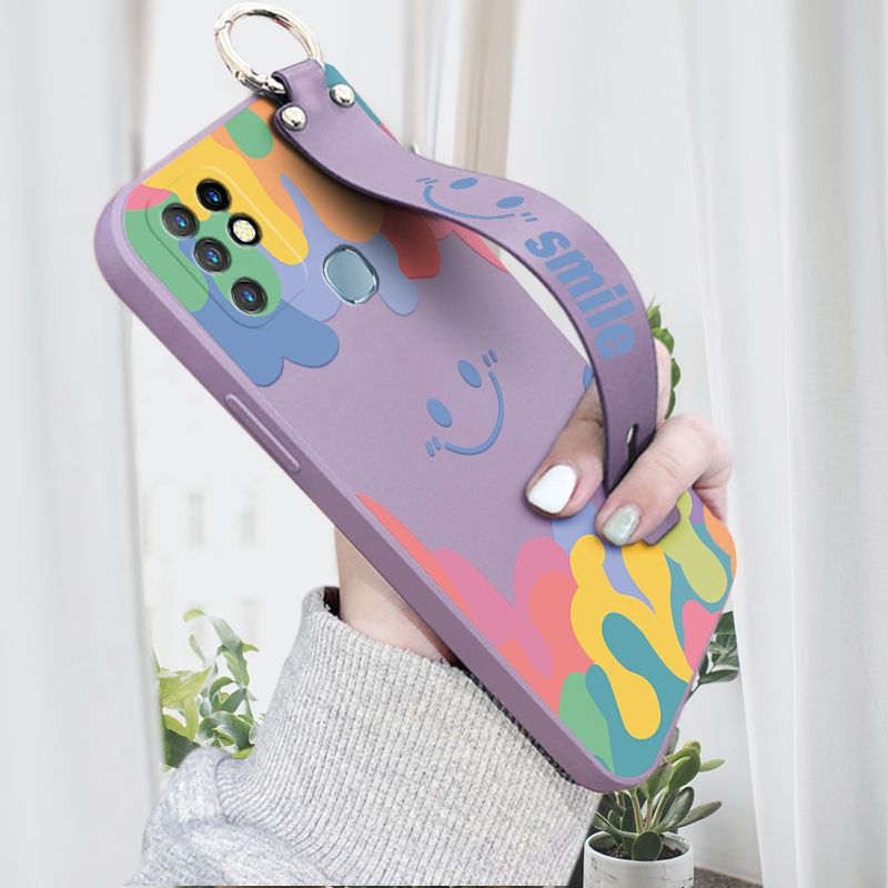Hontinga for Infinix Hot 10 Wrist Strap Case Soft Candy Color Splash Ink Cover Trend Square Printed Pattern Liquid Silicone Phone Case