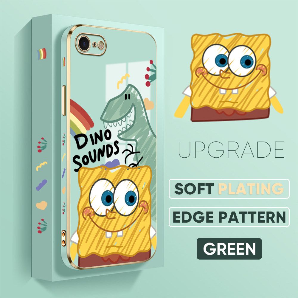 TA for iPhone 7 8 SE 2020 SE 2022 Back Cover + Free Lanyard Sponge Dinosaur Luxury 6D Plating Case Side Pattern Soft Silicone Square Phone Cases