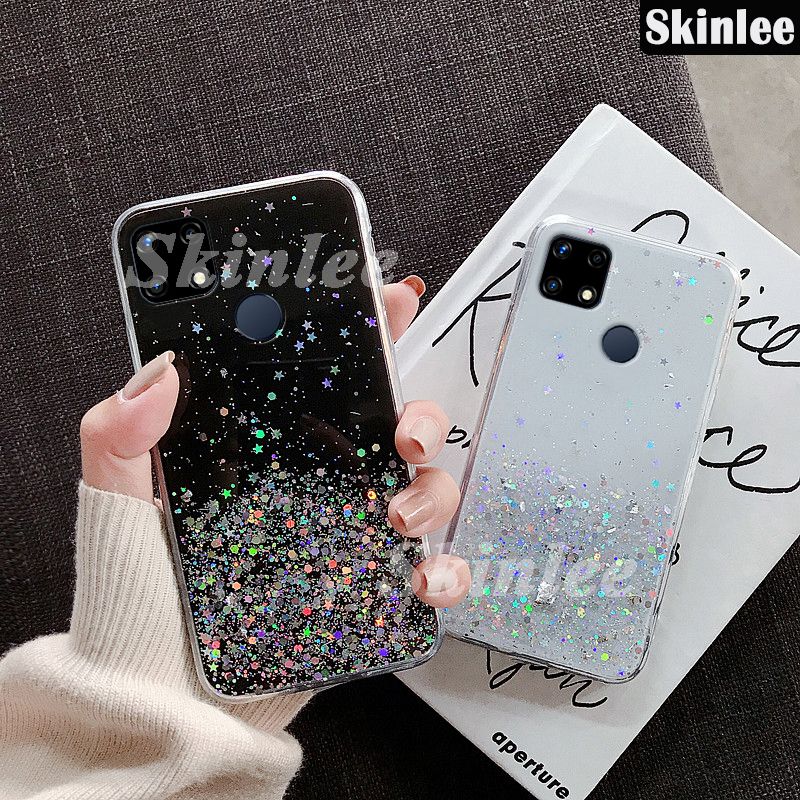 Skinlee Case Realme C25S Full Stars Moon Glitter Bling Sequins Phone Case For Realme C25S Starry Sky Transparent Soft Bcak Cover