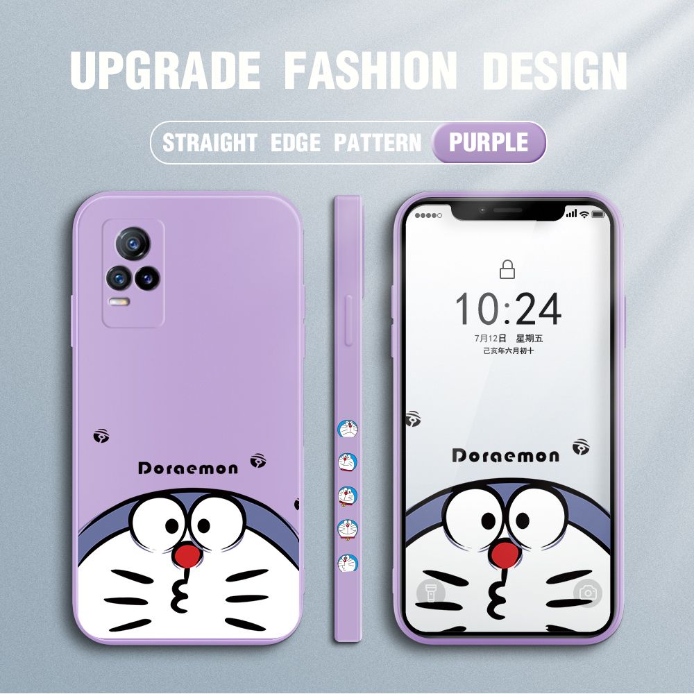 Jizetin for Vivo V21e Case New Cartoon Doraemon Cat Anime Side Design Phone Case Square Edge Pattern Liquid Silicone Cases Full Cover Camera Shockproof Protective Case